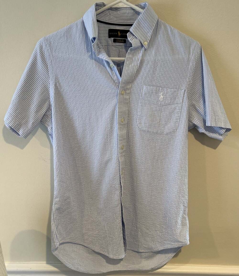 READ Polo Ralph Lauren Mens Blue White Striped Seersucker Short Sleeve Shirt Sm